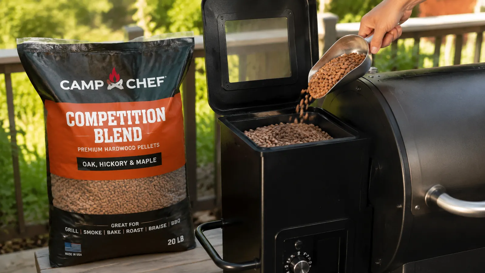 A hand pouring a scoop of hardwood pellets into the open hopper of a smoker