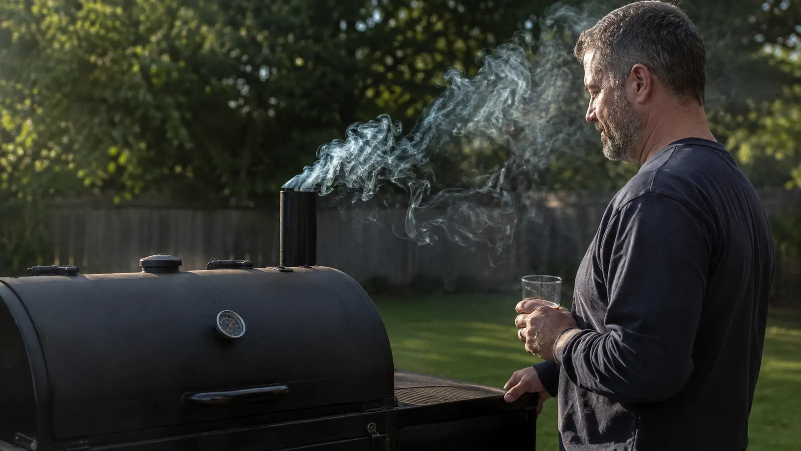 A thin blue ribbon of clean smoke curling from the chimney of a smoker over a grass backyard on a clear afternoon