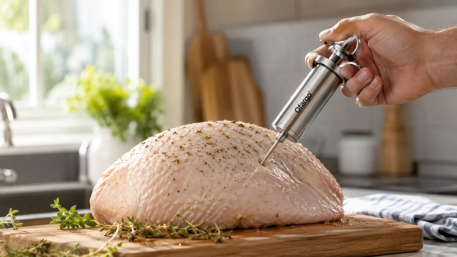 A hand pressing a stainless steel meat injector syringe into a turkey breast laid on a cutting board on a kitchen counter in morning light