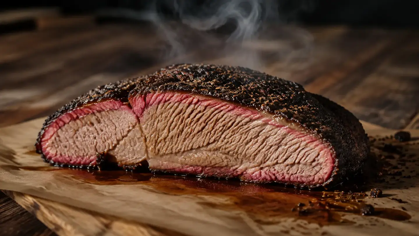 Sliced smoked chicken breast and a quartered pork roast on butcher paper, glistening and steaming with a light crust