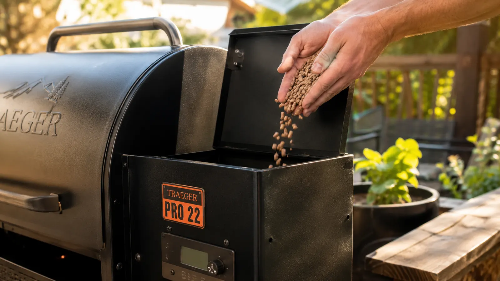 A hand pouring wood pellets into the open hopper of a pellet grill