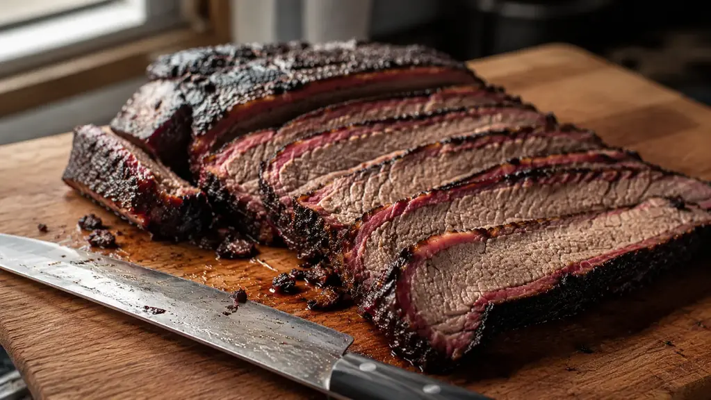 A sliced smoked brisket on a cutting board showing a clean pink smoke ring