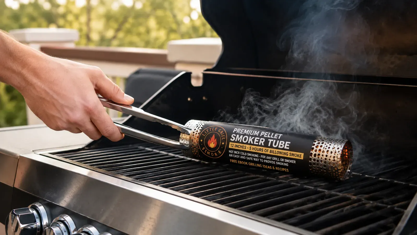 A hand using tongs to place the lit smoke tube onto the grate of a gas grill