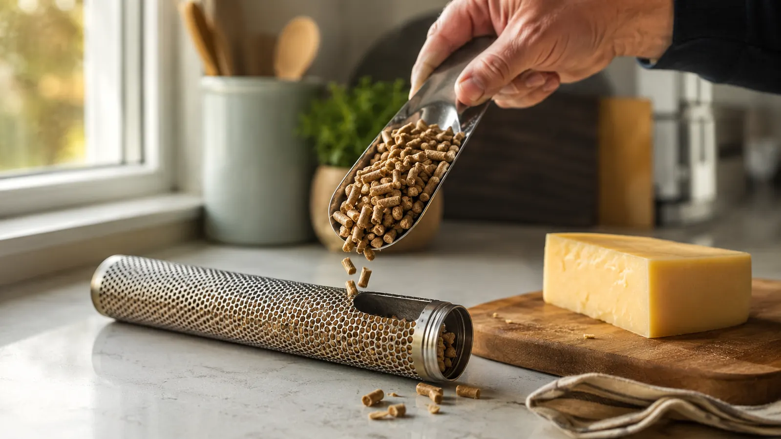 A hand sprinkling fine wood pellets from a small scoop into the open top of the smoke tube over a counter