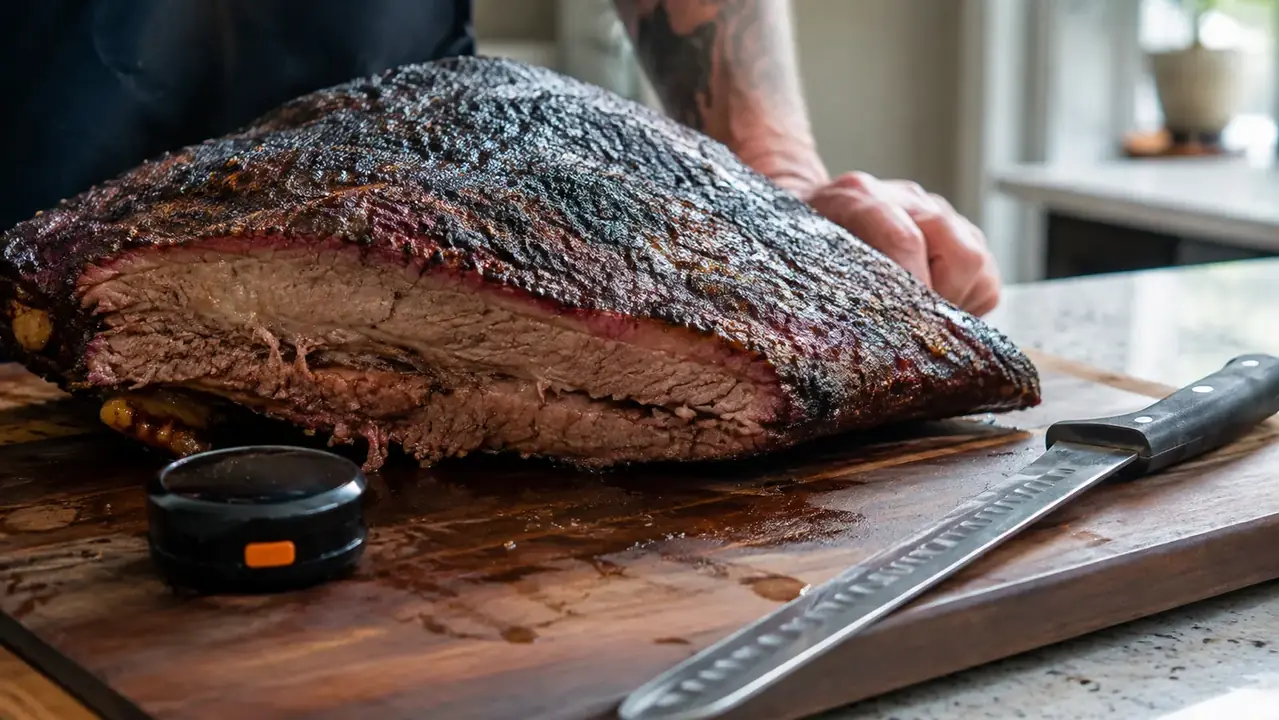 A smoked brisket resting on a wooden cutting board beside a small round wireless thermometer reader