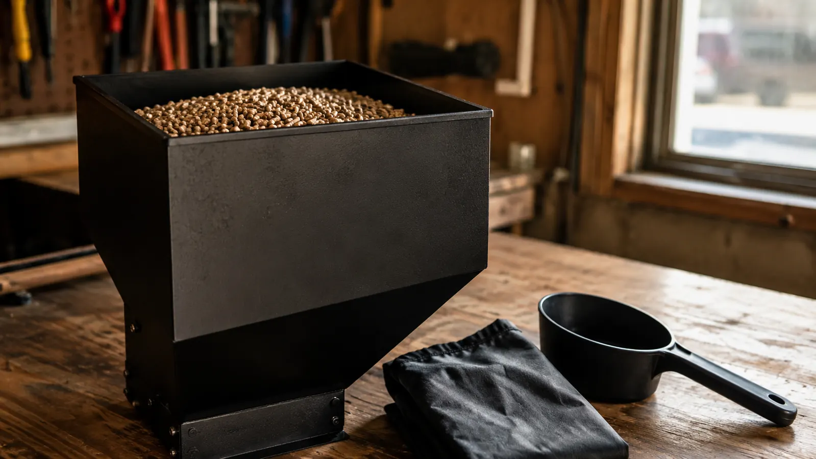 A close view of a hopper packed full of wood pellets beside a folded cloth bag on a workbench