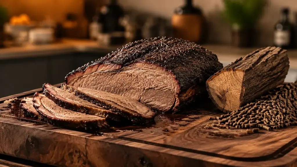 A trimmed smoked brisket resting on a cutting board next to a split log and a small pile of wood pellets