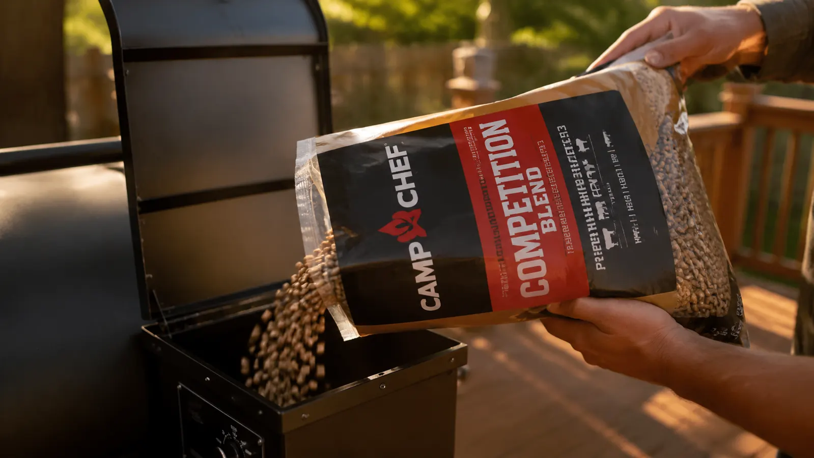 A hand pouring wood pellets into the hopper of an open pellet grill, golden late-day light on a backyard deck
