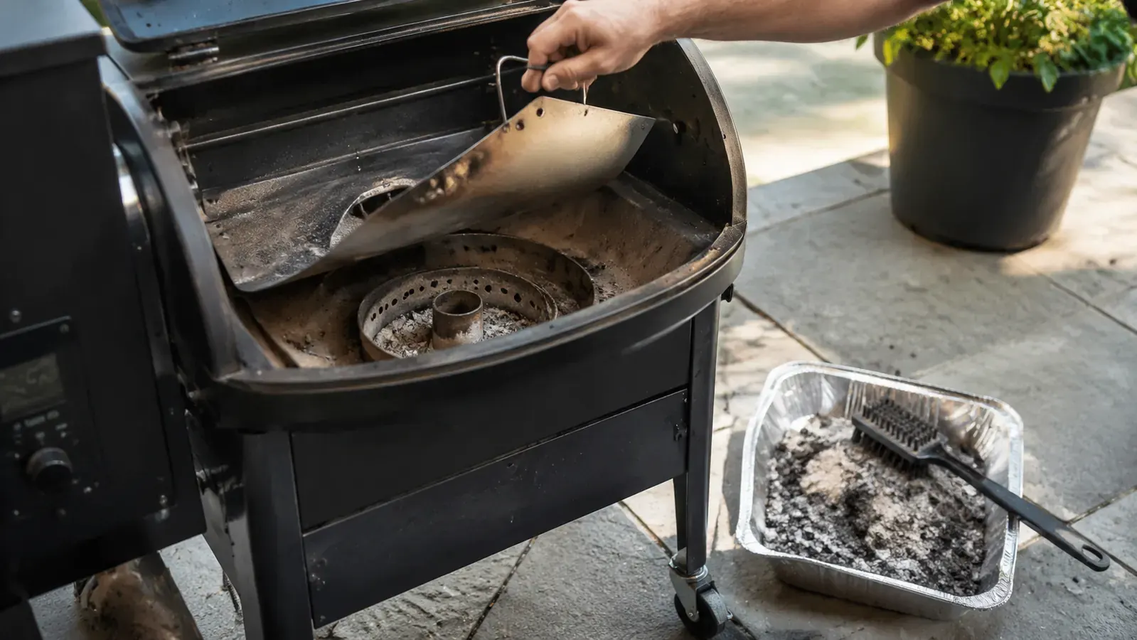 A shop-vac and a foil tray of gray ash sitting beside an open pellet grill firepot, morning light