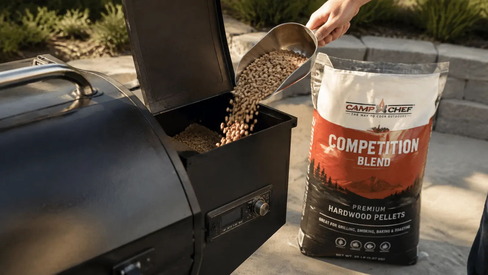 A hand pouring wood pellets from a scoop into the top of a side-entry smoker hopper, morning light on a patio