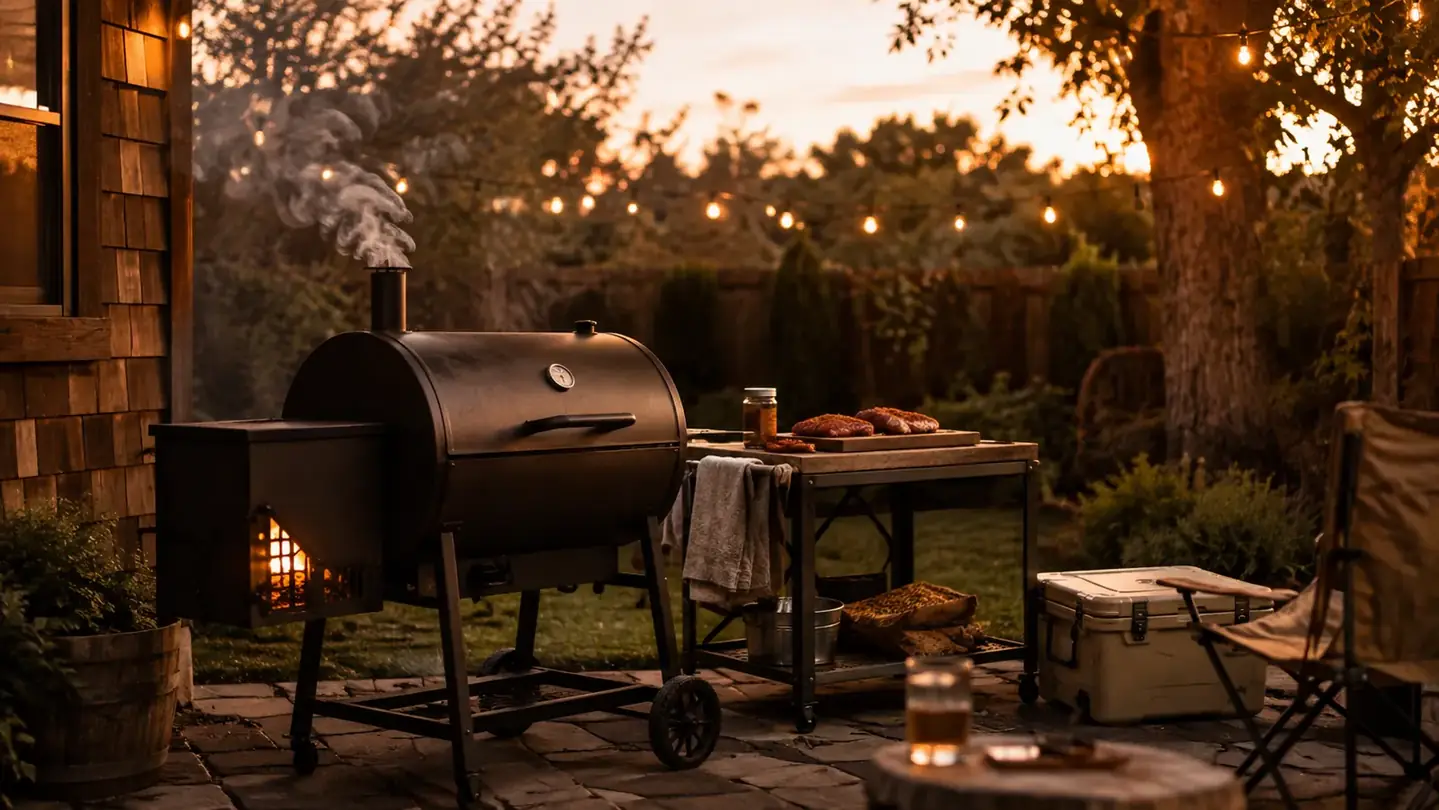 A wood pellet smoker glowing under a backyard lean-to at dusk with a prep cart alongside