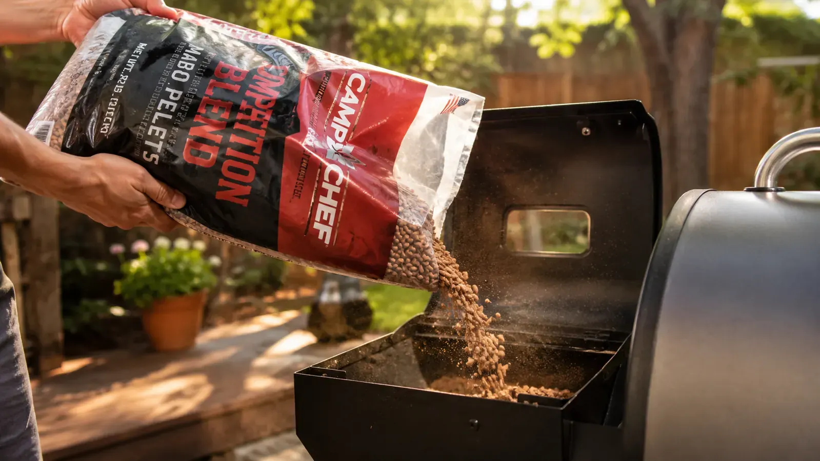 A hand pouring a stream of wood pellets from a bag into the open hopper of a pellet smoker in a backyard