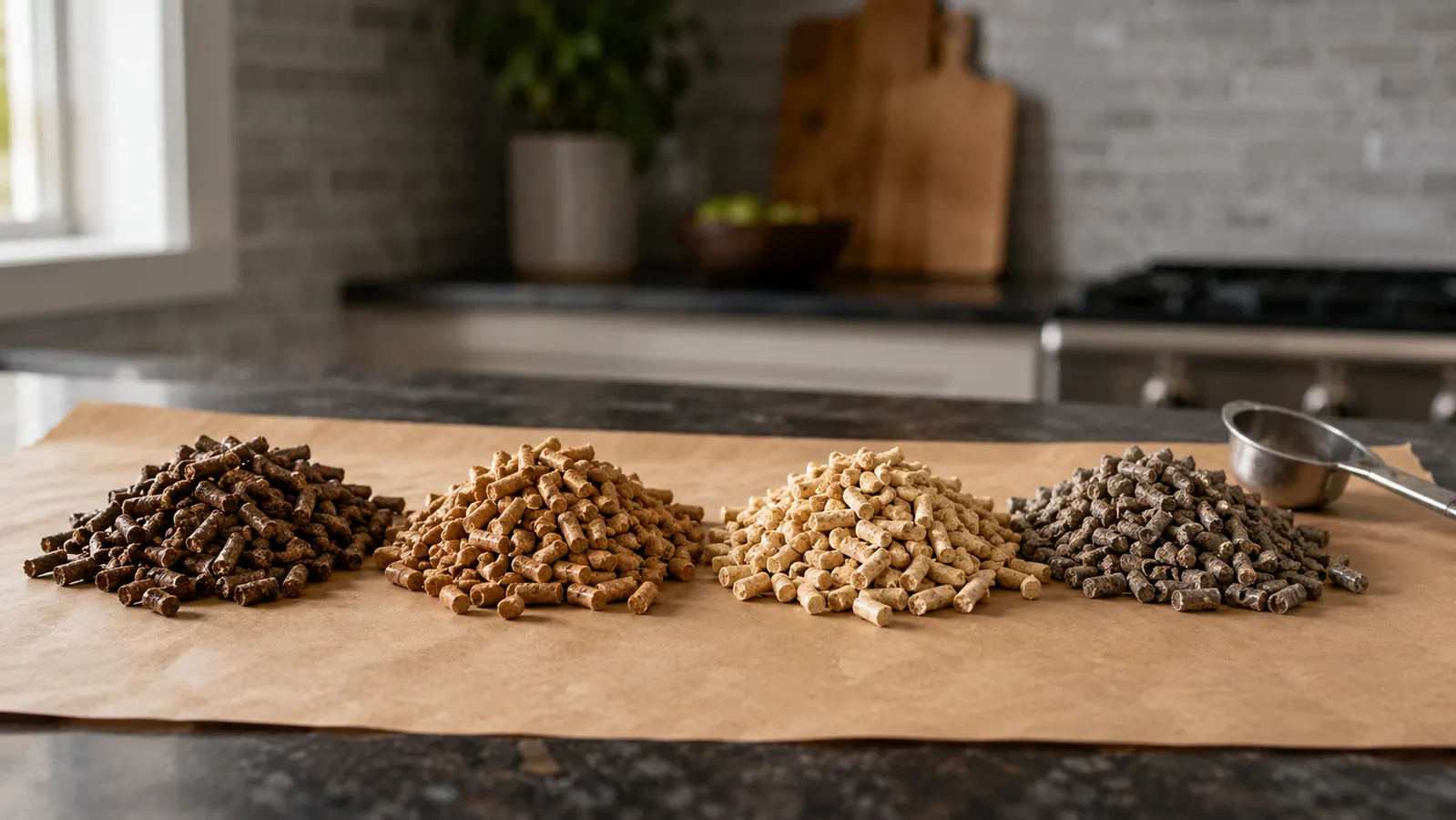 Four neat piles of different wood pellets arranged on butcher paper on a kitchen counter, each pile a different shade of the same wood tone