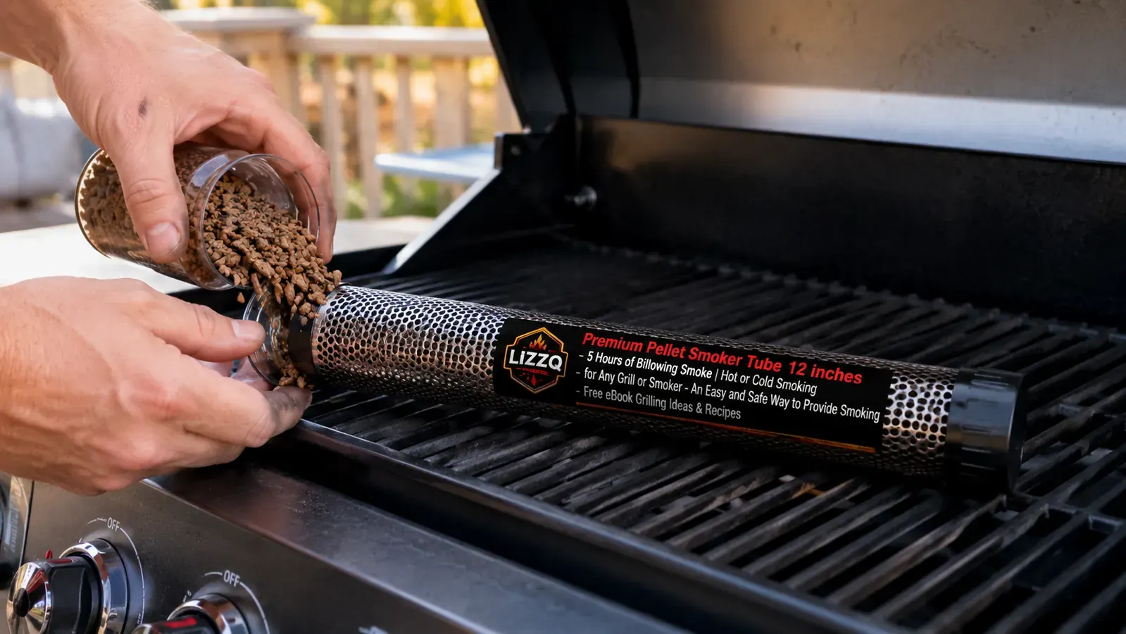 A hand pouring hardwood pellets into the bottom of a twelve-inch smoke tube resting on a cold gas grill grate with the lid open