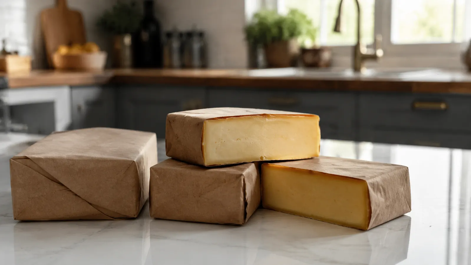 Several blocks of smoked cheese wrapped in butcher paper on a kitchen counter, one block cut in half showing a pale gold smoke ring near the rind