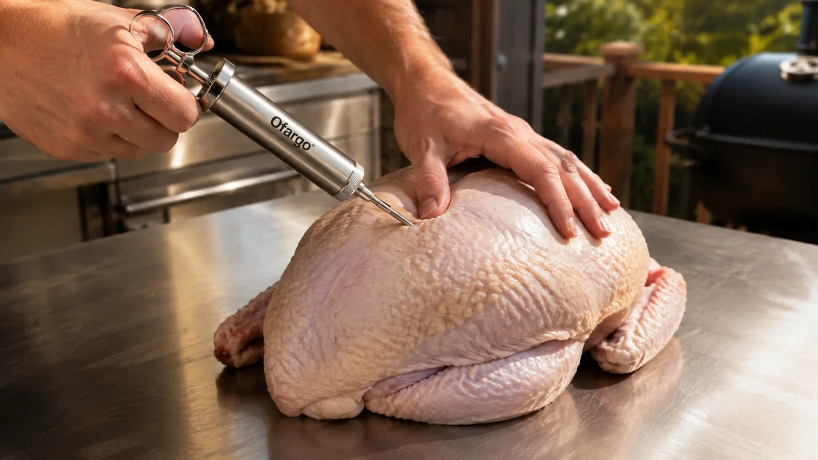 A hand guiding the tip of a stainless injecting needle into the thickest part of a raw turkey breast sitting on a stainless counter, a stainless syringe in hand