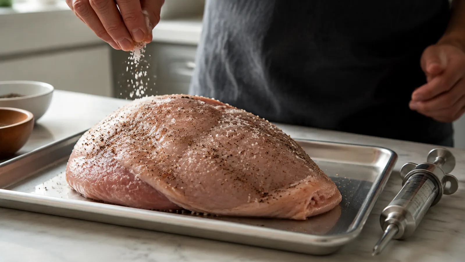 A coarse-ground salt and pepper rub being sprinkled over a raw turkey breast on a sheet tray, with the stainless injector syringe resting on the counter beside it