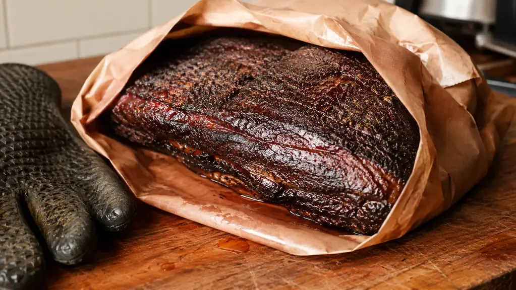A thick dark bark crust forming on the outside of a smoked brisket wrapped tight in butcher paper on a cutting board