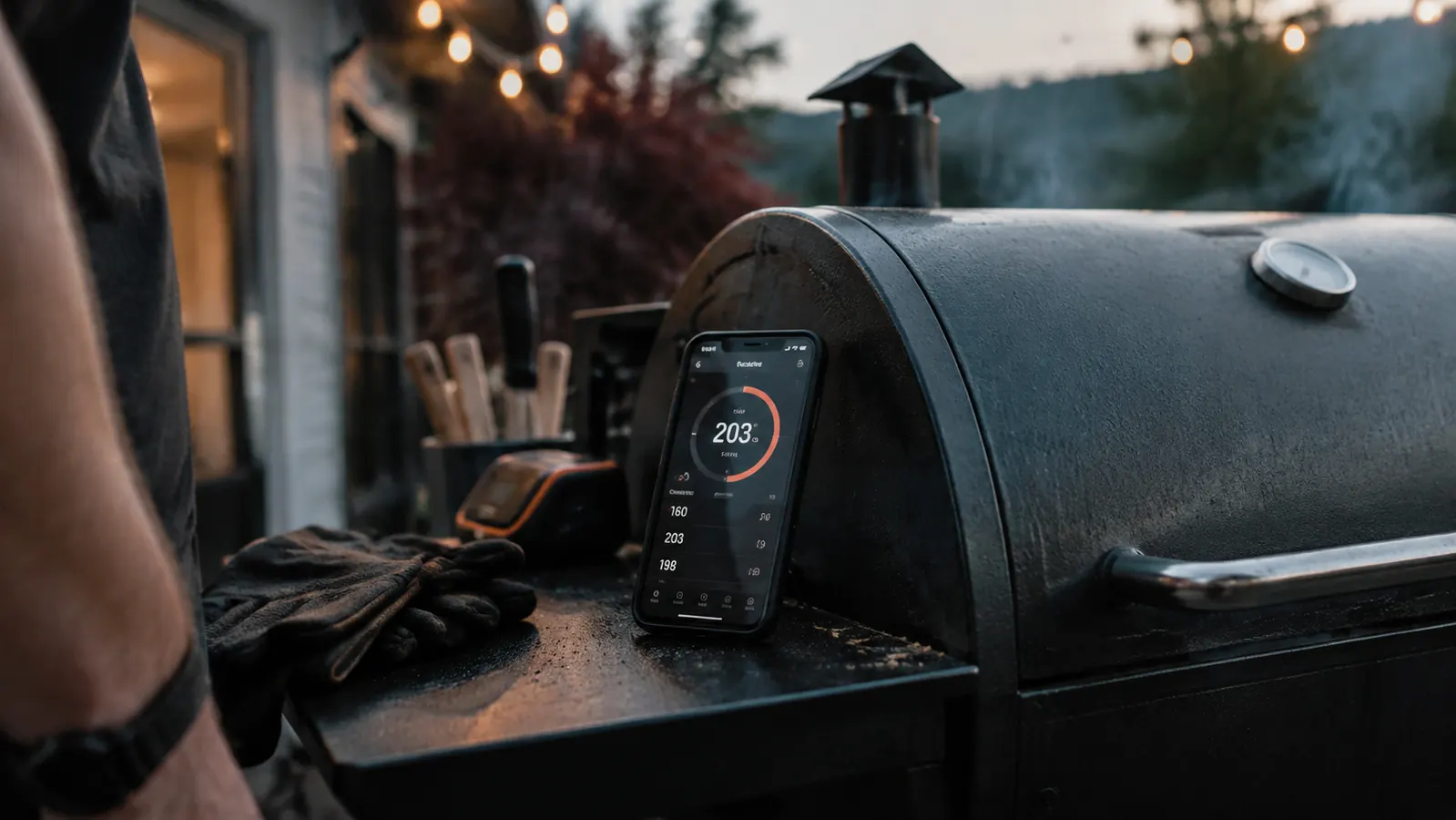 A smartphone leaning upright on a smoker side shelf with a probe temperature screen showing, outdoors in the evening