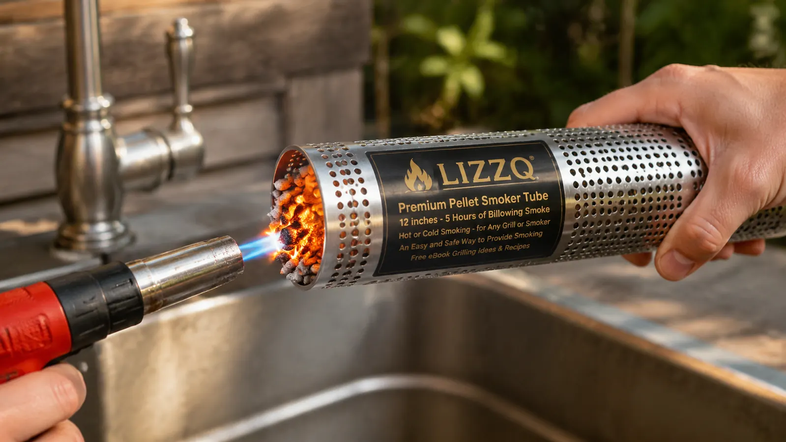 Close view of a hand holding a small torch flame at the open end of a stainless steel smoker tube held over a sink