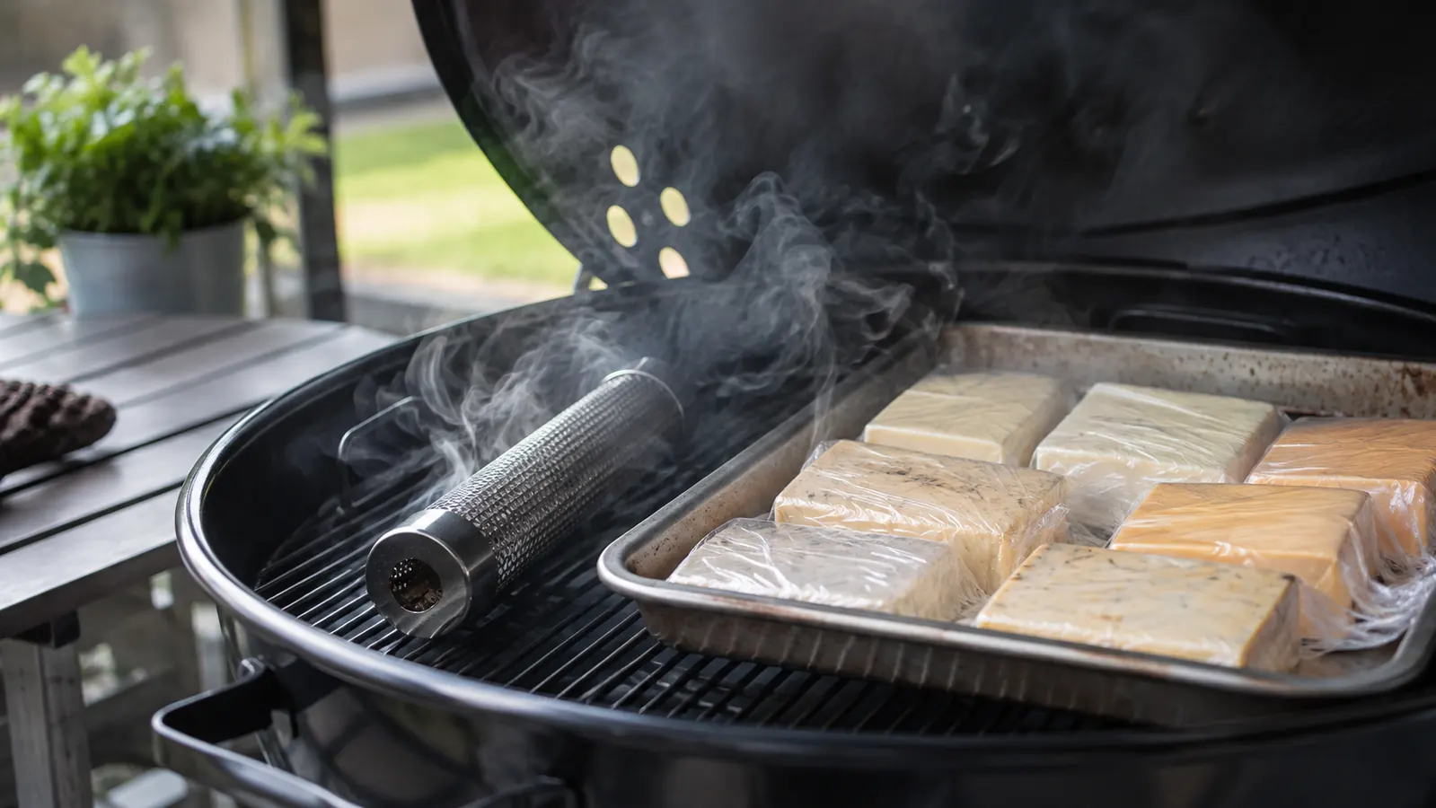 A porcelain baking dish full of cheese blocks wrapped in plastic wrap on a patio table, a stainless smoker tube smoking nearby with a lid over it