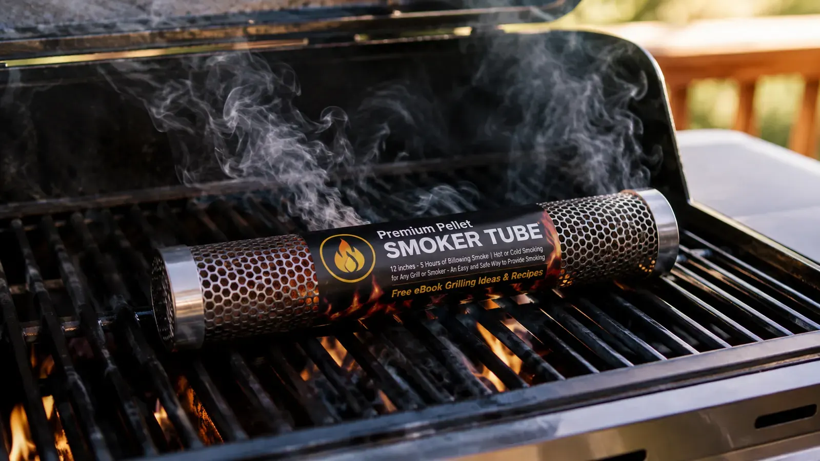 Close-up of the smoke tube burning pellets inside a gas grill over a lit burner