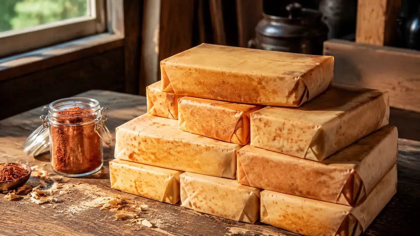 A batch of cold-smoked cheddar wrapped in butcher paper resting on a wooden workbench in warm afternoon light