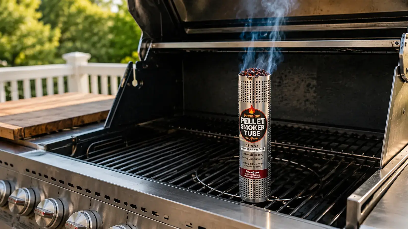 A lit smoke tube standing in a stainless gas grill with thin blue smoke rising from the pellets