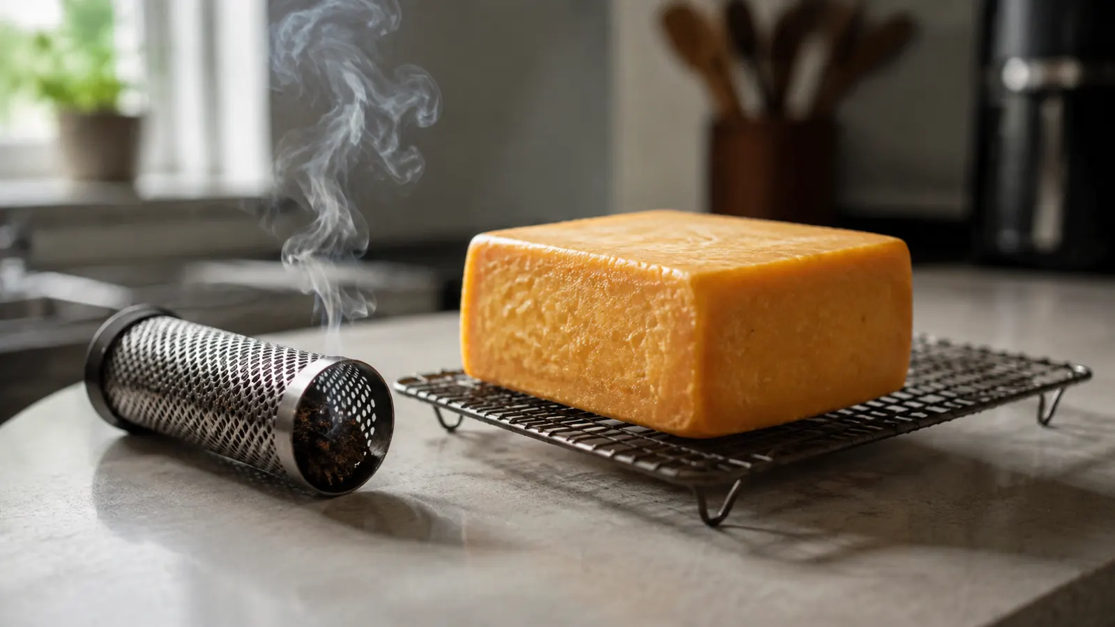 A block of cheese on a small wire rack beside a smoking tube on a countertop