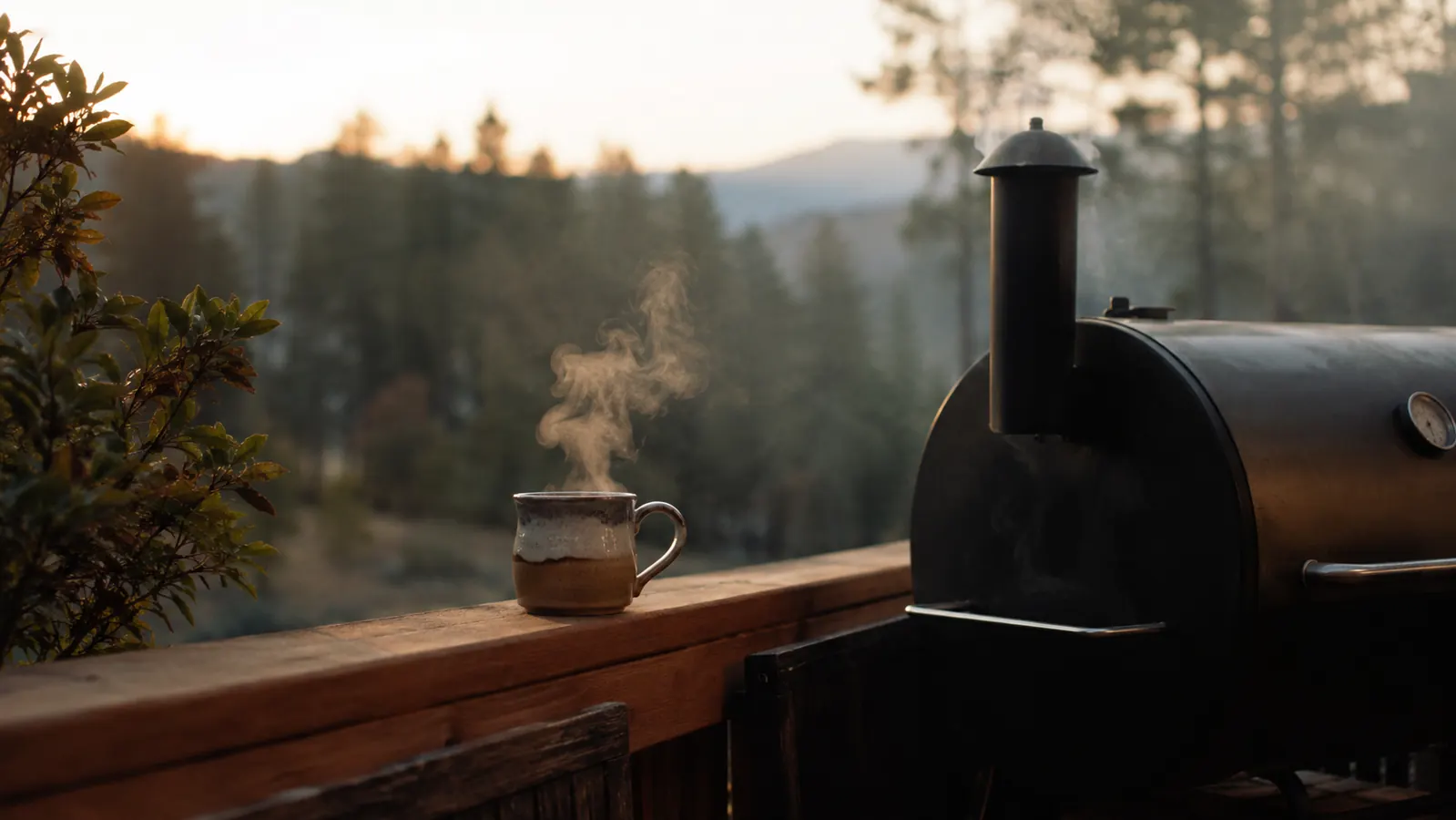 A mug of coffee on a deck railing beside a smoker as morning light comes up, a thin wisp of smoke in the air