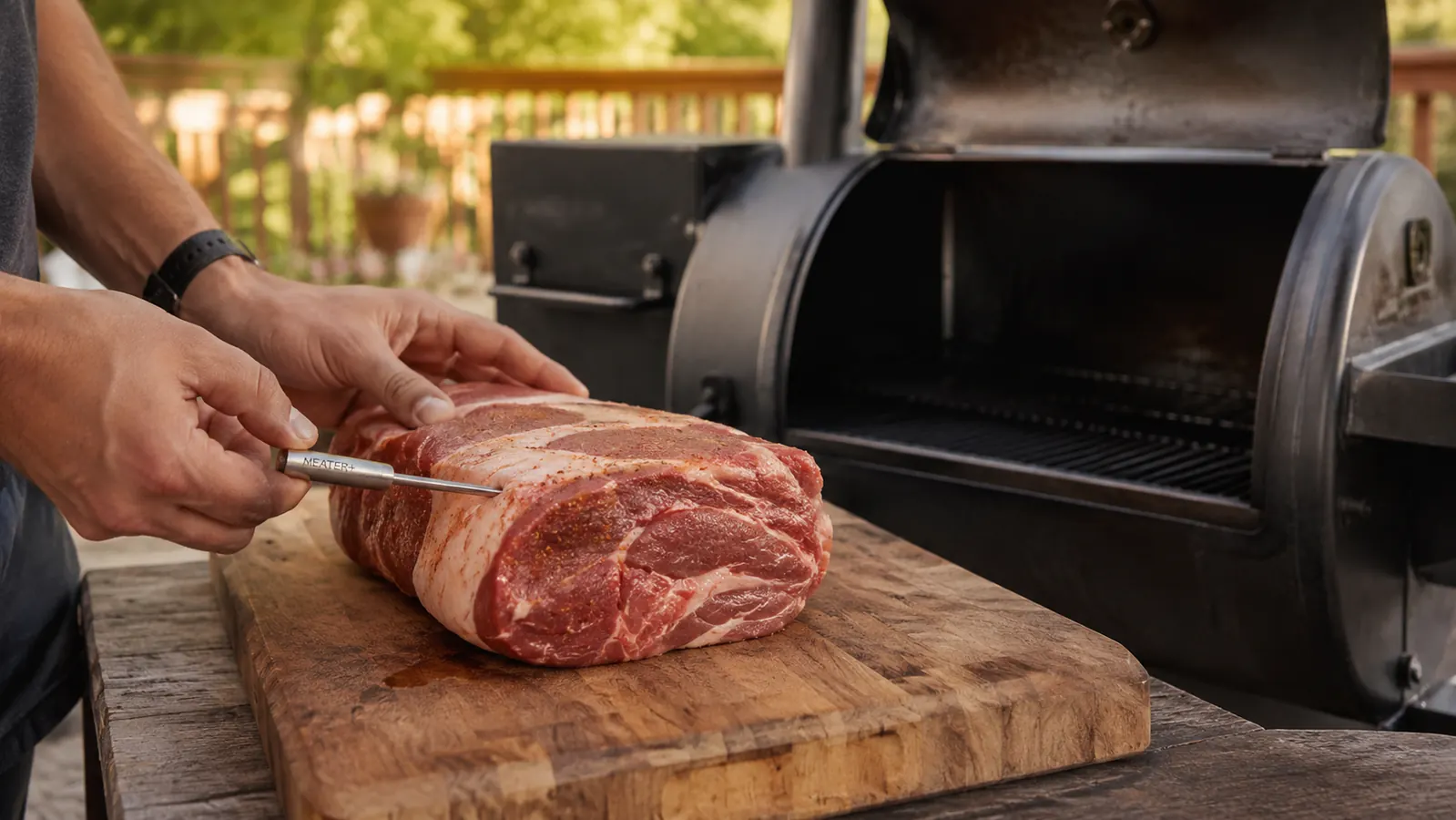 A hand inserting a long stainless probe into a thick cut of pork shoulder resting on a cutting board next to a smoker