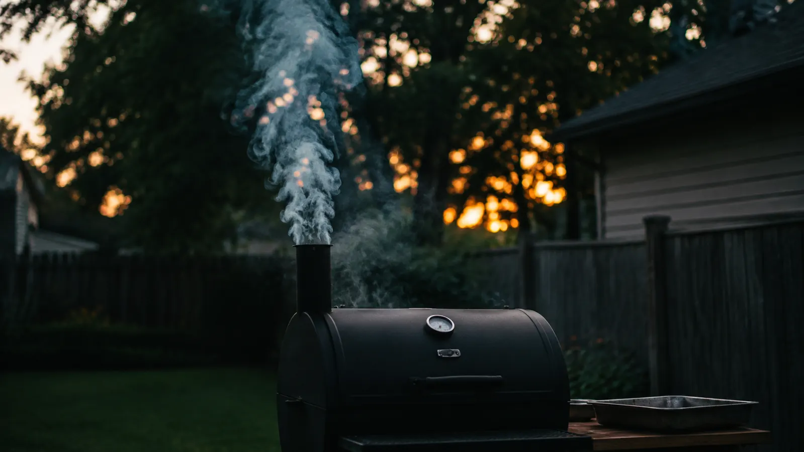 A backyard smoker sending a steady column of thin blue smoke into a late-evening sky, yard fence in the background