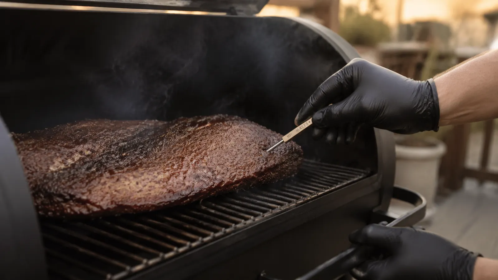 A hand inserting a slim probe deep into the thickest part of a slab of meat set on the grate of an open smoker, gentle smoke rising around it