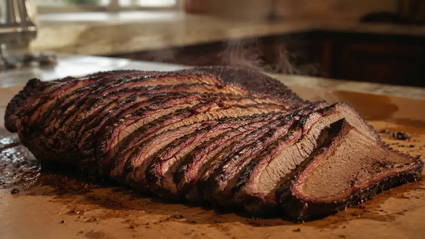 A sliced smoked brisket resting on butcher paper on a kitchen counter, steam rising from the cut, a smear of pepper rub on the carving board, warm light
