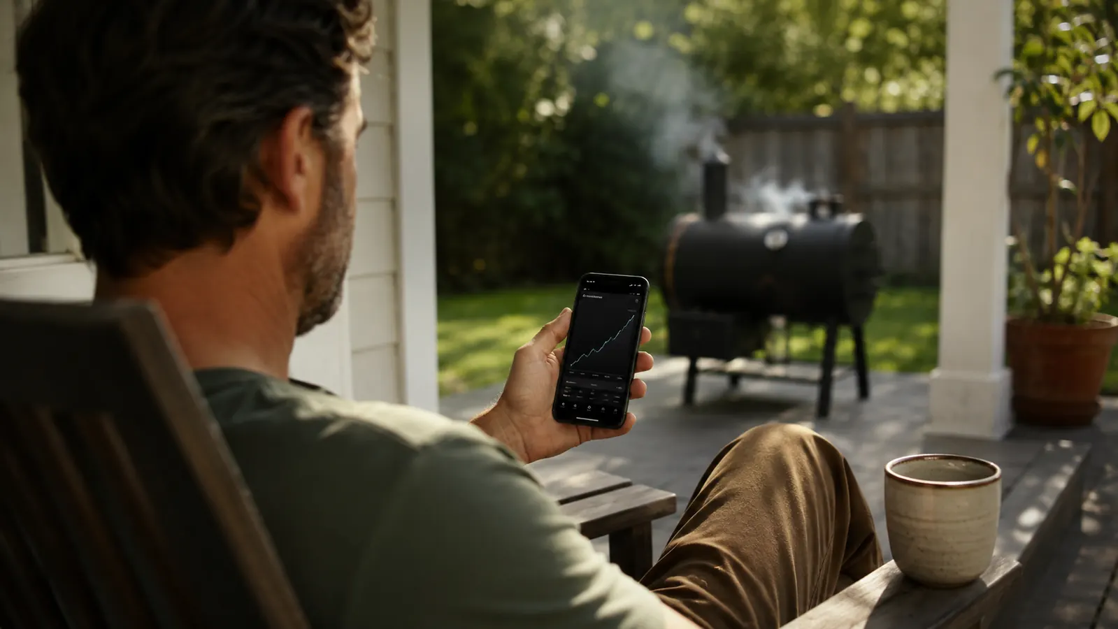 A person in mid-morning sitting on a porch chair watching a phone screen showing a temperature graph while smoke rises from a smoker behind them