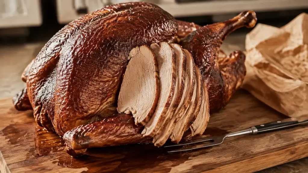 A freshly carved smoked turkey on a wooden cutting board, thick plump slices intact and juicy