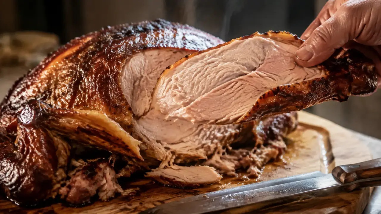 A carved smoked turkey on a wooden cutting board with a cross-section showing even juicy meat, a carving knife resting beside it, steam rising