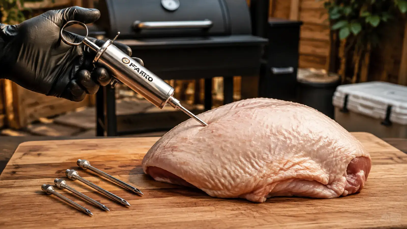 A gloved hand holding a meat injector syringe over a whole turkey breast on a cutting board