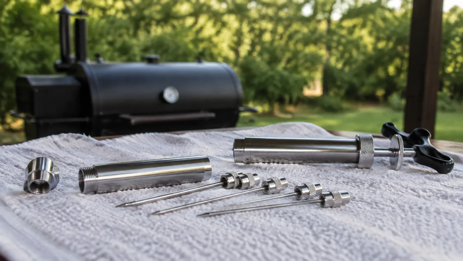 A clean meat injector and its four stainless needles laid out on a towel to dry after washing, a smoker just visible in the background of a backyard