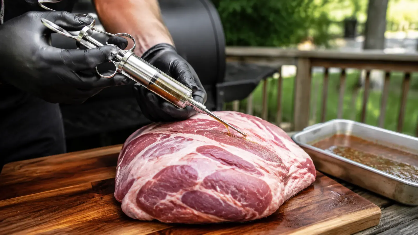 A hand in a nitrile glove pressing the plunger of a stainless injector as marinade streams into a raw pork shoulder on a cutting board