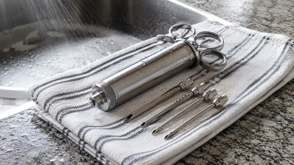 The meat injector and its four plain stainless needles laid in a row on a kitchen towel after being rinsed, an open sink tap nearby