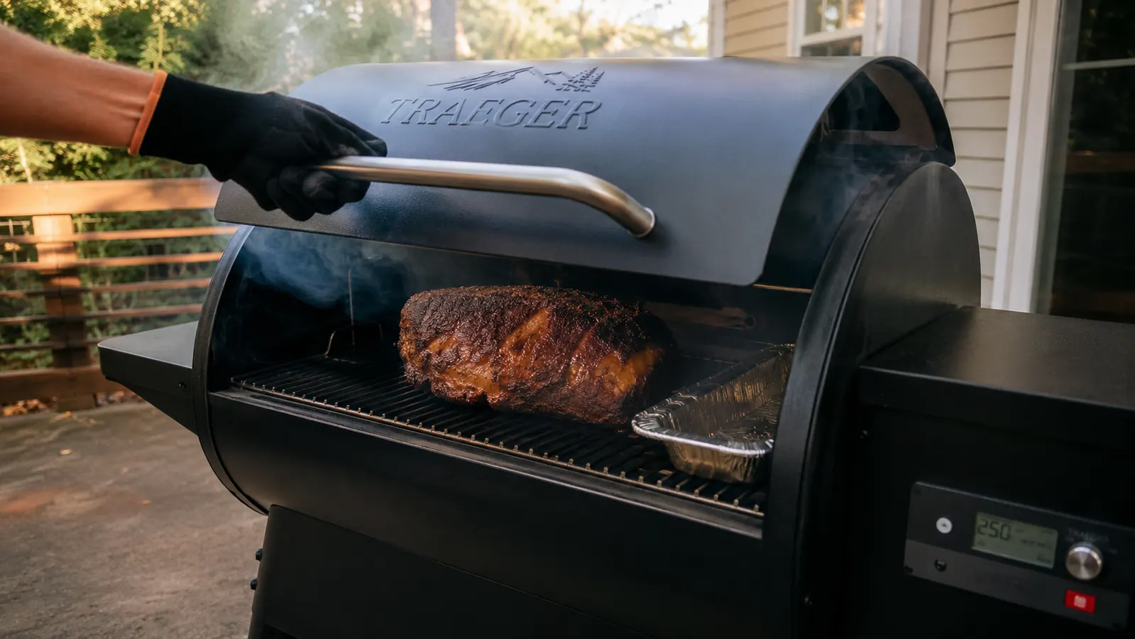 A gloved hand opening the lid of a wood pellet grill to check a pork shoulder mid-cook, pale smoke rising