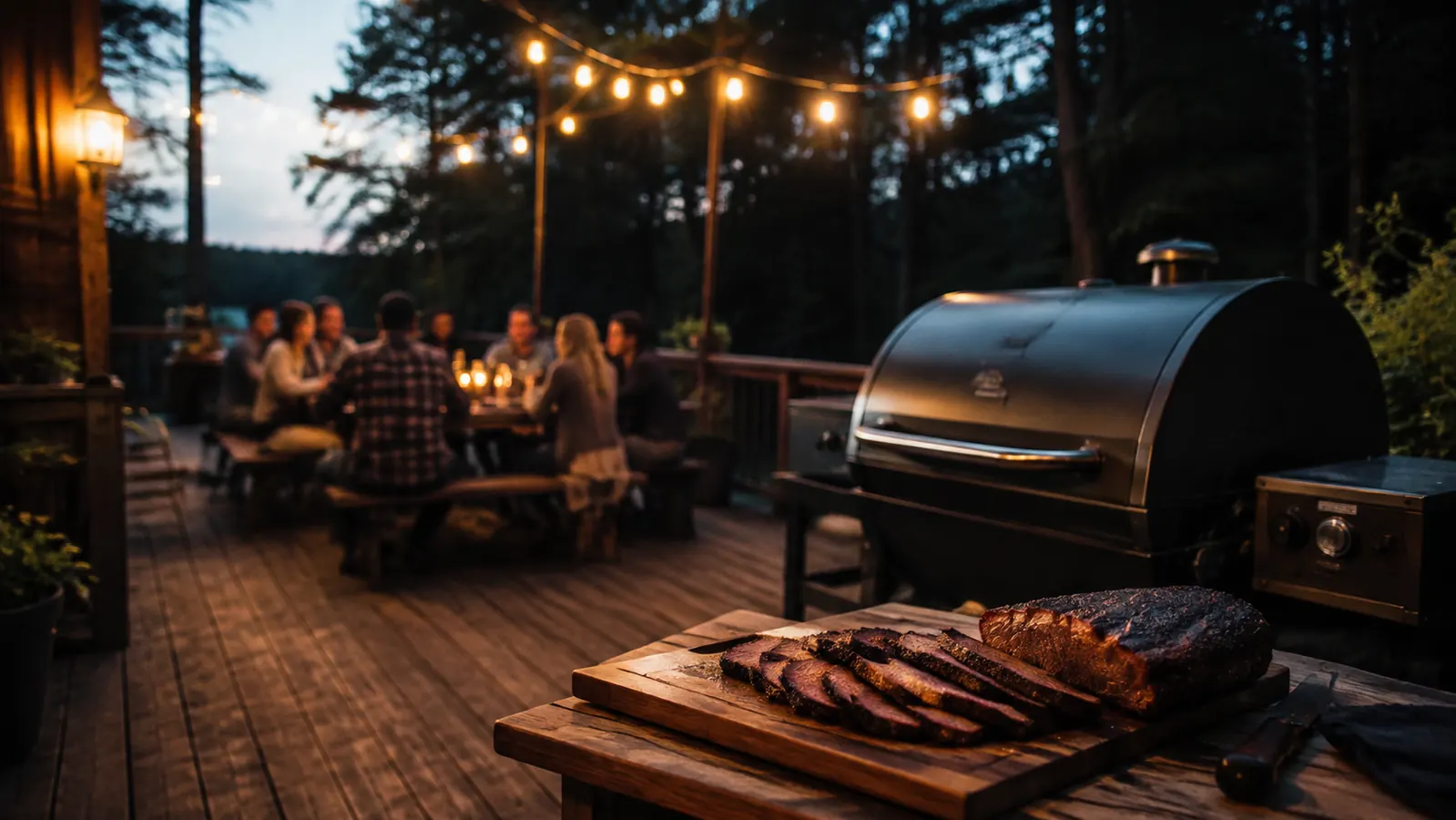 A platter of sliced smoked meat set beside a wood pellet grill on a deck at dusk, neighbors at a picnic table behind