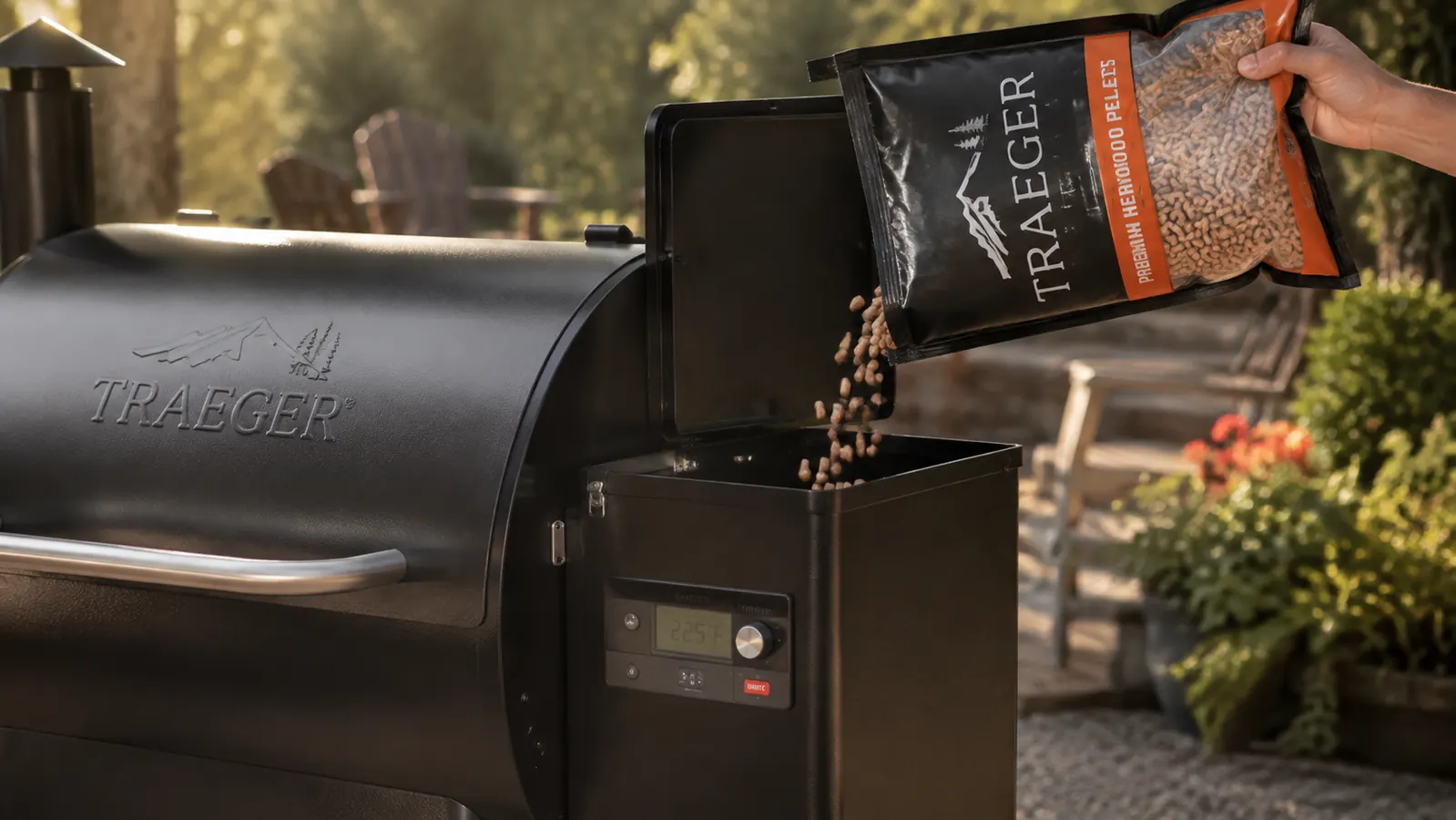A hand pouring wood pellets from a small pouch into the open hopper on the side of a pellet smoker