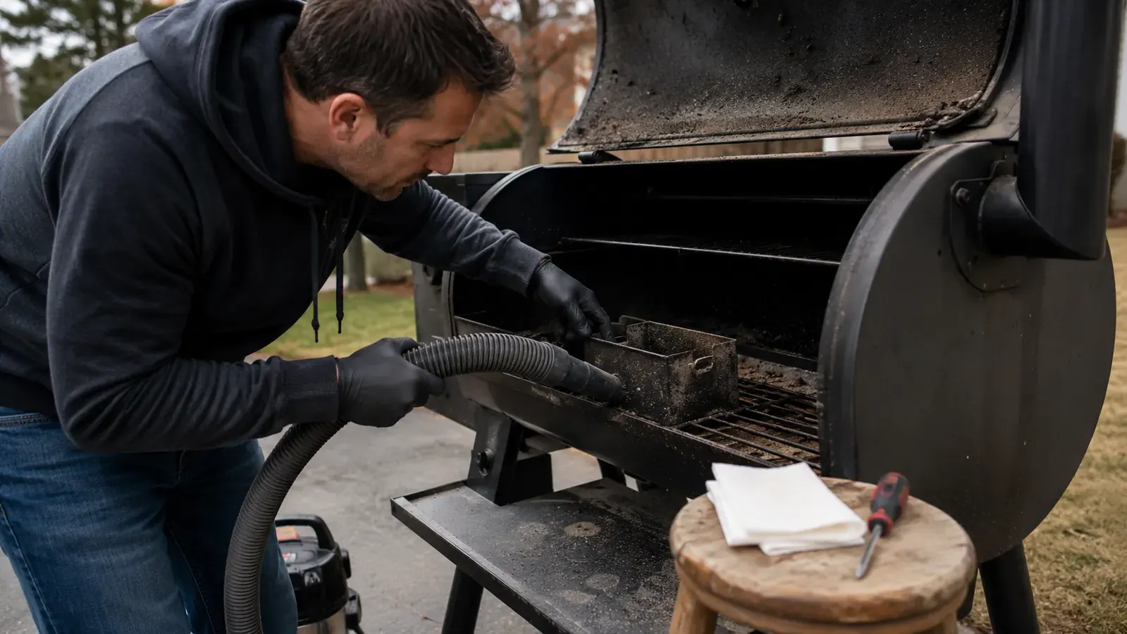 A dusted shop vac nozzle hovering over the open firepot of a pellet smoker during a deep clean on a driveway