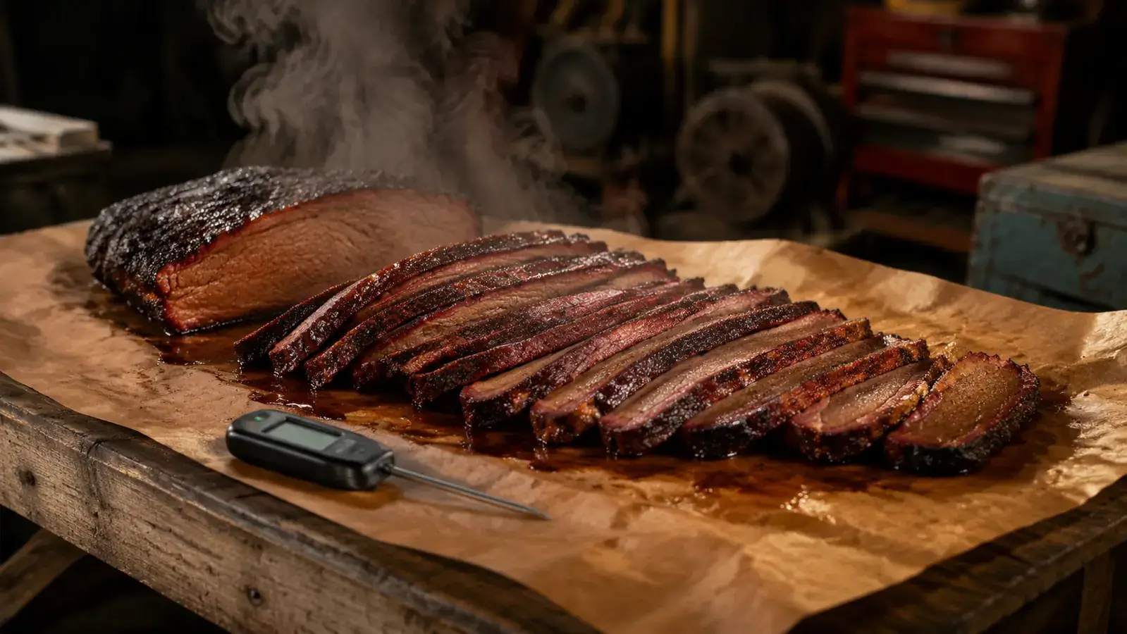 A sliced brisket laid out on butcher paper showing a dark smoke ring, with a probe thermometer resting on the board
